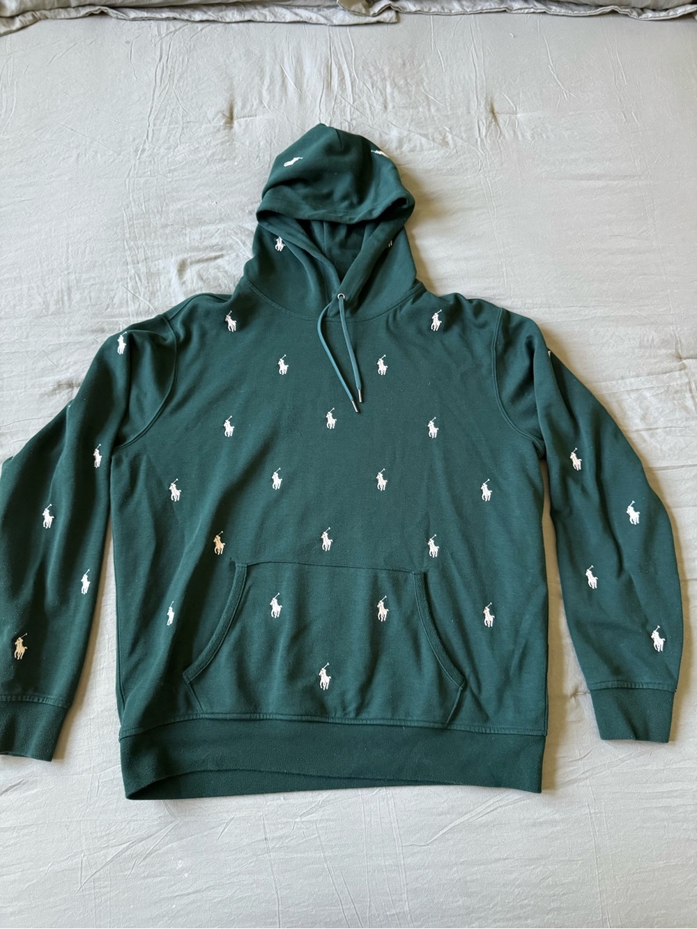 Ralph Lauren Dark Green Hoodie with White All-Over Polo Logos